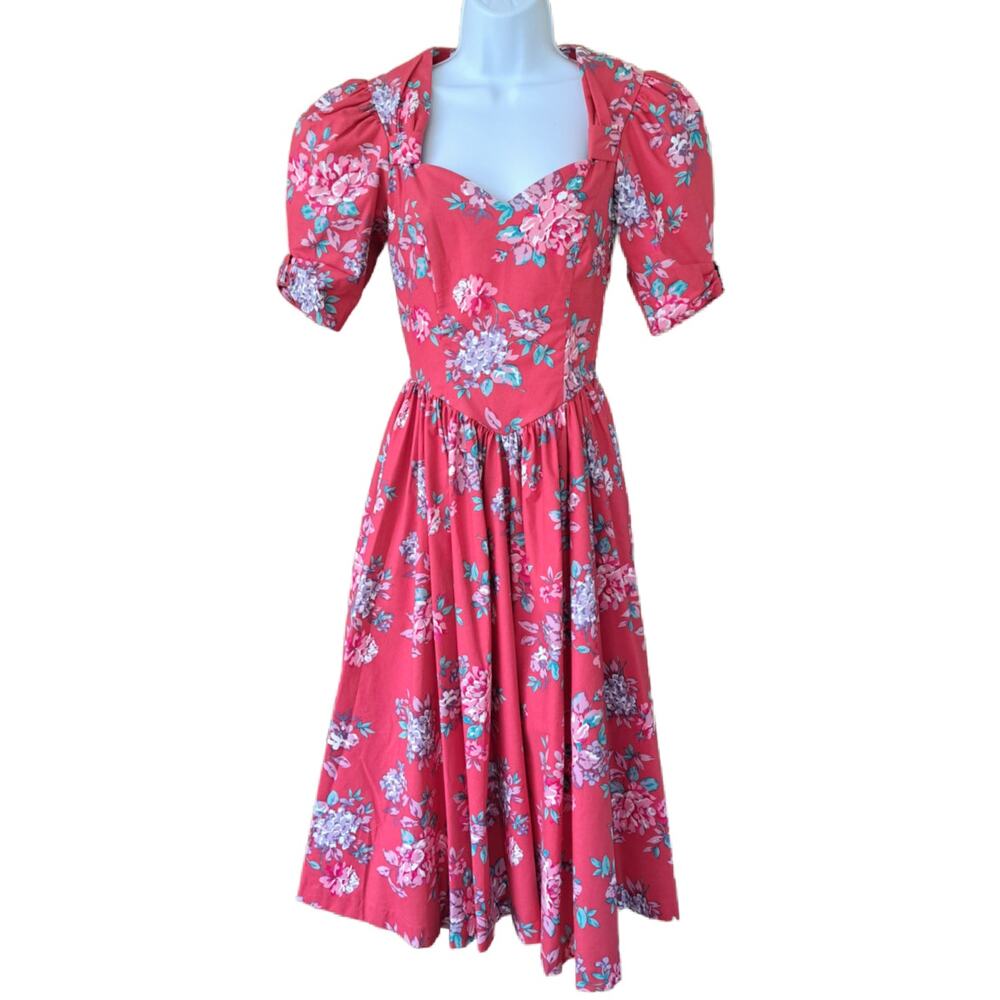 Vintage 80s LAURA ASHLEY Pink Floral Puff Sleeve Midi Dress fits XS Cottagecore - Picture 2 of 9